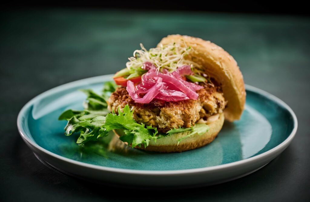 Plant-based burger made by Vestkorn ingredients