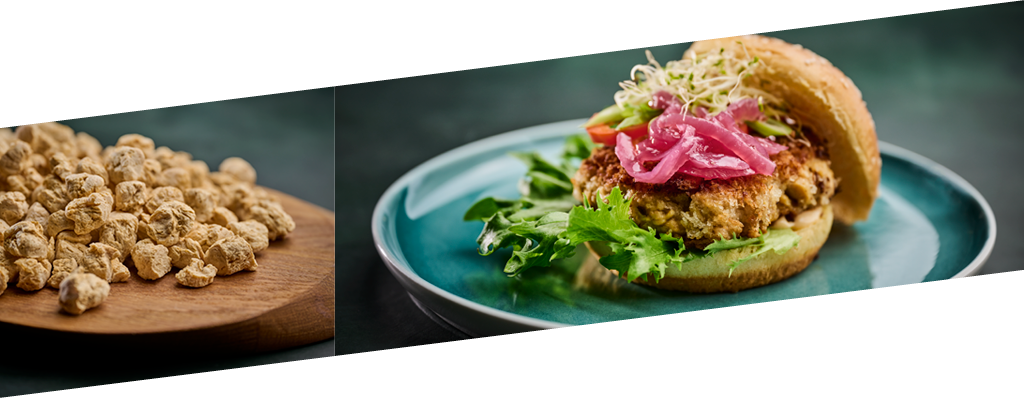 Vestkorn Textured Protein - ingredients and used in burger application